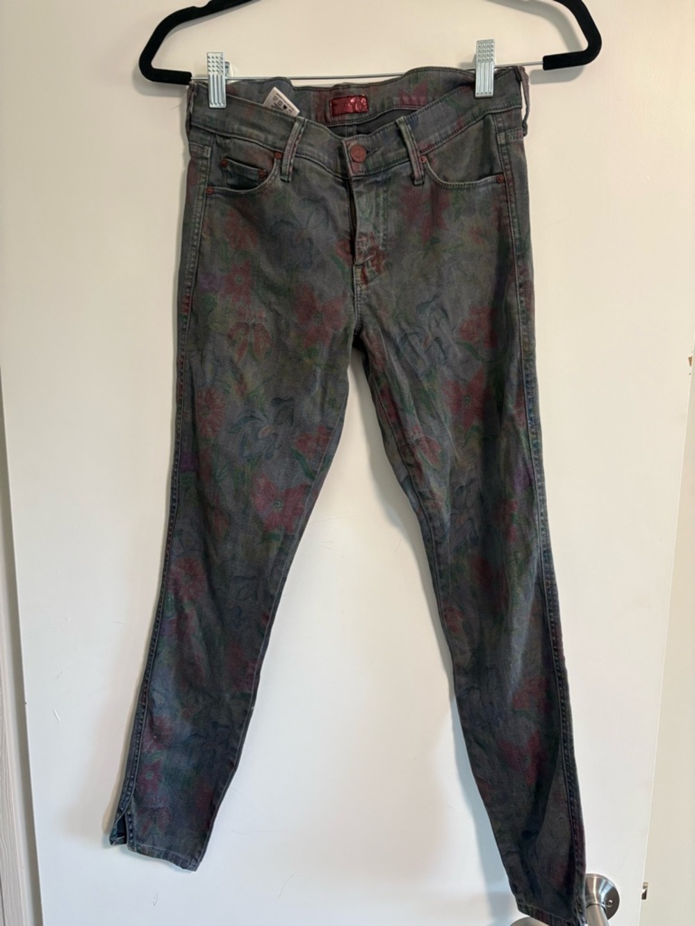 MOTHER Floral Print Skinny Jeans Gray Multicolor Size 26 Mid Rise